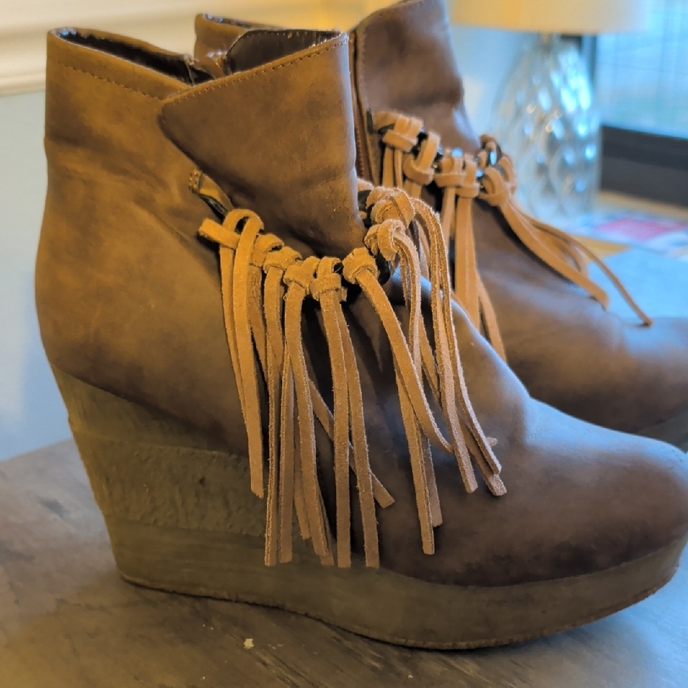 Brown Fringe Wedge Ankle Boots